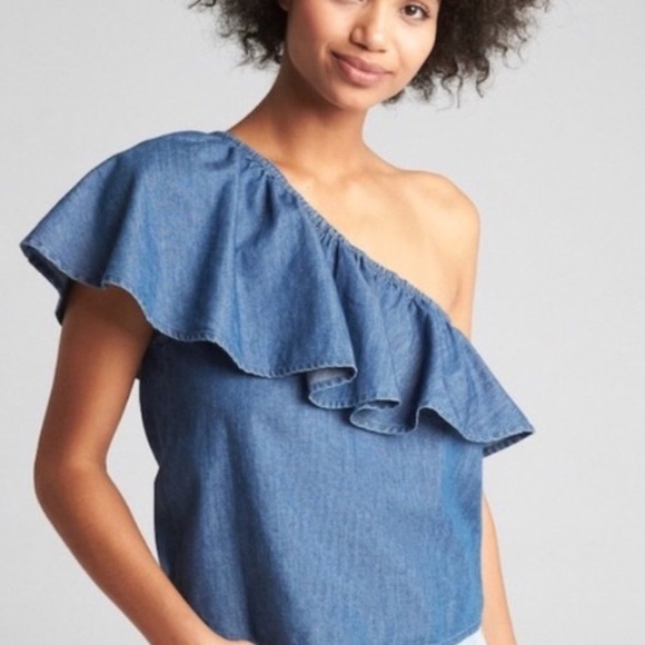 Gap Denim Asymmetrical One Shoulder Ruffle Top - Picture 1 of 6